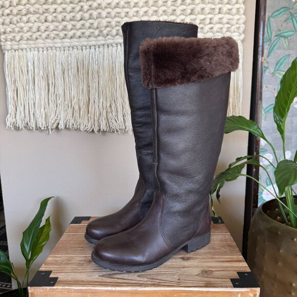 Kelsi Dagger Glenda Brown Leather Shearling Knee High Rubber Sole Flat Boots - Picture 1 of 17